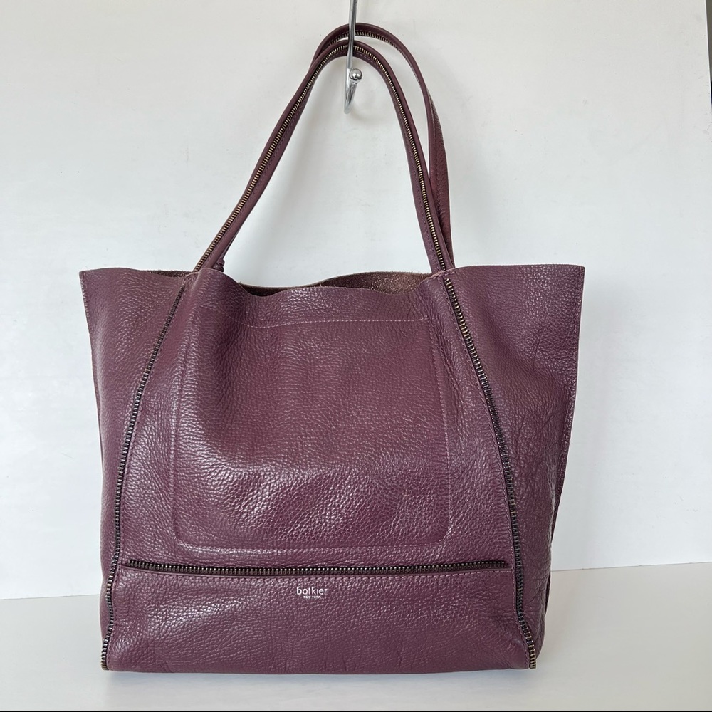 BOTKIER Soho Plum Burgundy Pebbled Leather Zipper Detail Large Shoulder Bag Tote - Picture 4 of 14